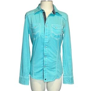 Buckle Black tailored fit mens aqua pearl snap western shirt size XS